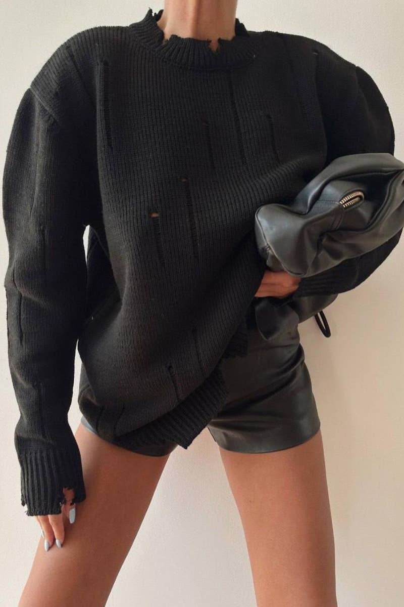 CWOSWL6525_WINTER RIPPED LONG-SLEEVED CREW-NECK SWEATER