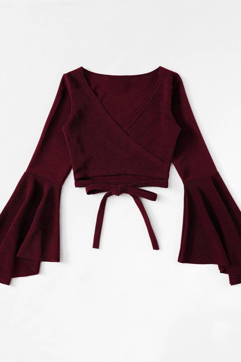 CWTBLL2732_BAT-SLEEVE SHORT BELLY-EXPOSING DARK RED TOP