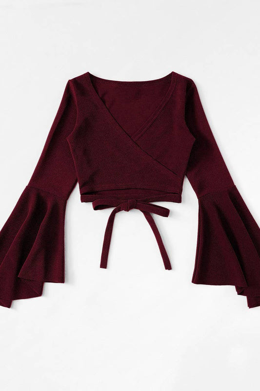 CWTBLL2732_BAT-SLEEVE SHORT BELLY-EXPOSING DARK RED TOP