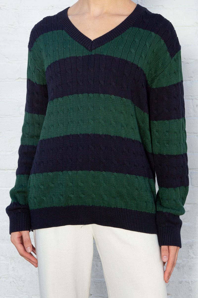 CWOSWL5744_V-NECK STRIPED CONTRAST CHUNKY KNIT SWEATER