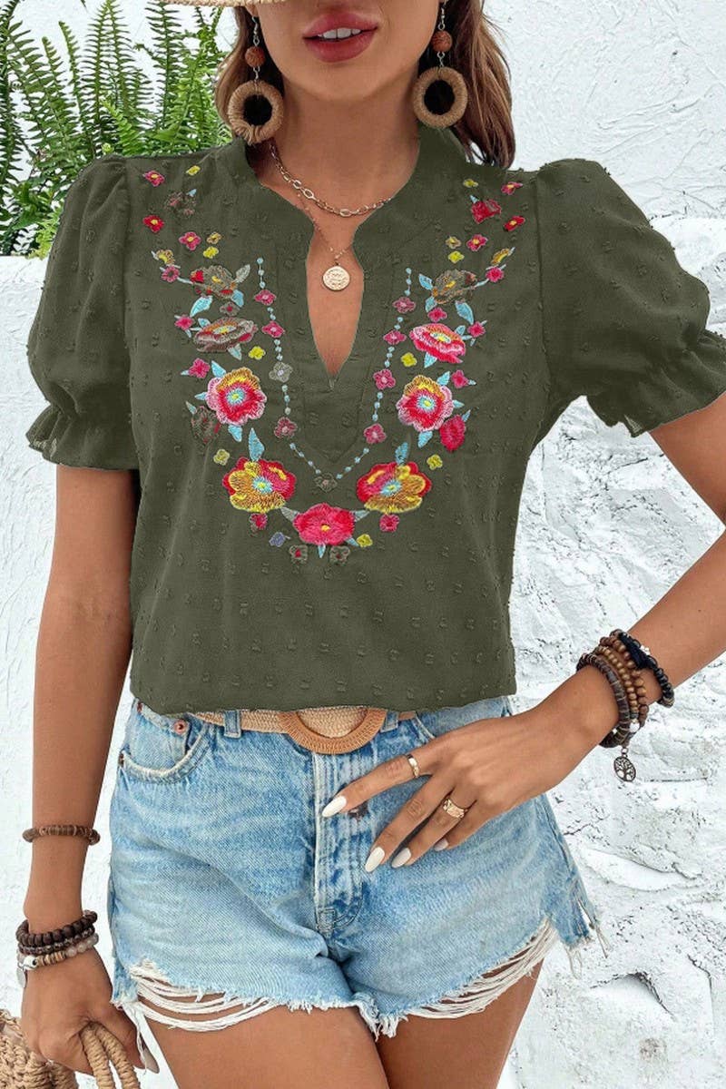 CWTBLS2270_V-NECK FLORAL EMBROIDERED PUFF SLEEVE CHIFFON TOP
