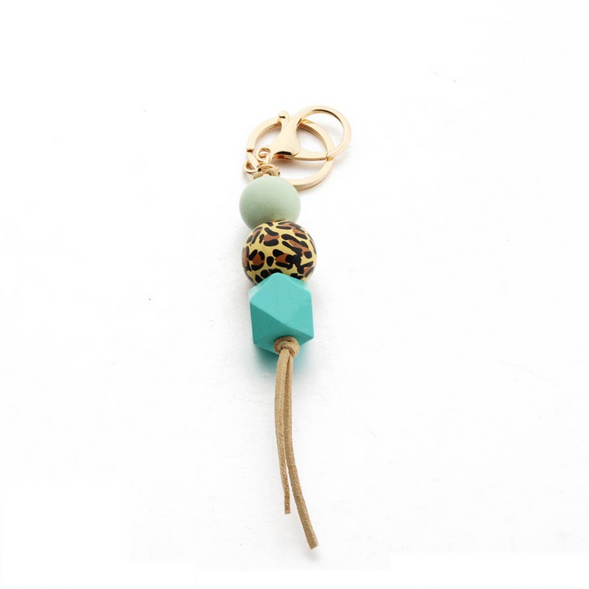 Leopard Wood Bead Keychain with Mini Tassel