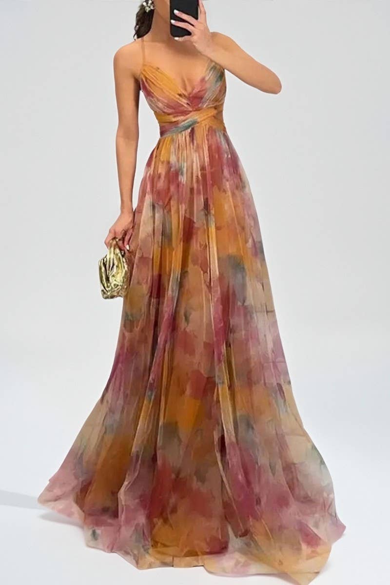 CWDMD01003_MESH PRINTED SUSPENDER CASUAL PARTY DRESS