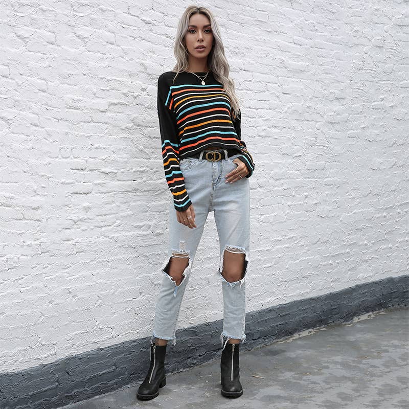 CREW-NECK FASHION COLORFUL STRIPED SWEATER