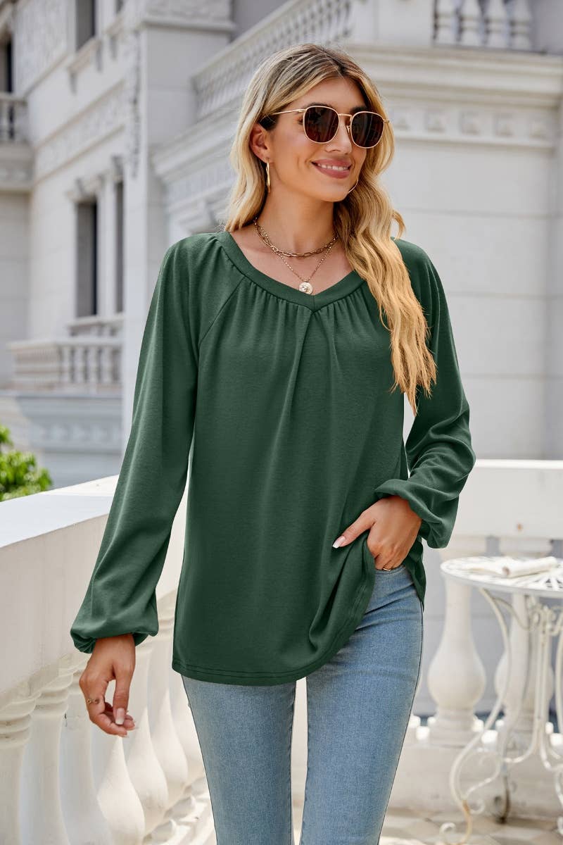 CWTBLL2858_LOOSE PLEATED V-NECK LONG SLEEVE TOP