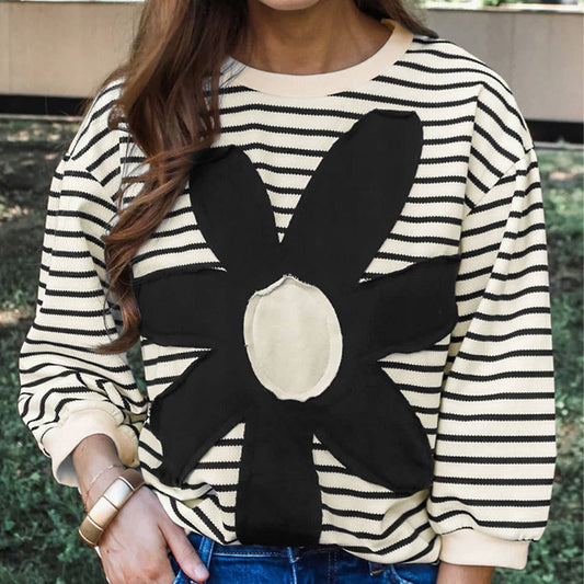 FLORAL APPLIQUE STRIPED INTERCOLORED SWEATER