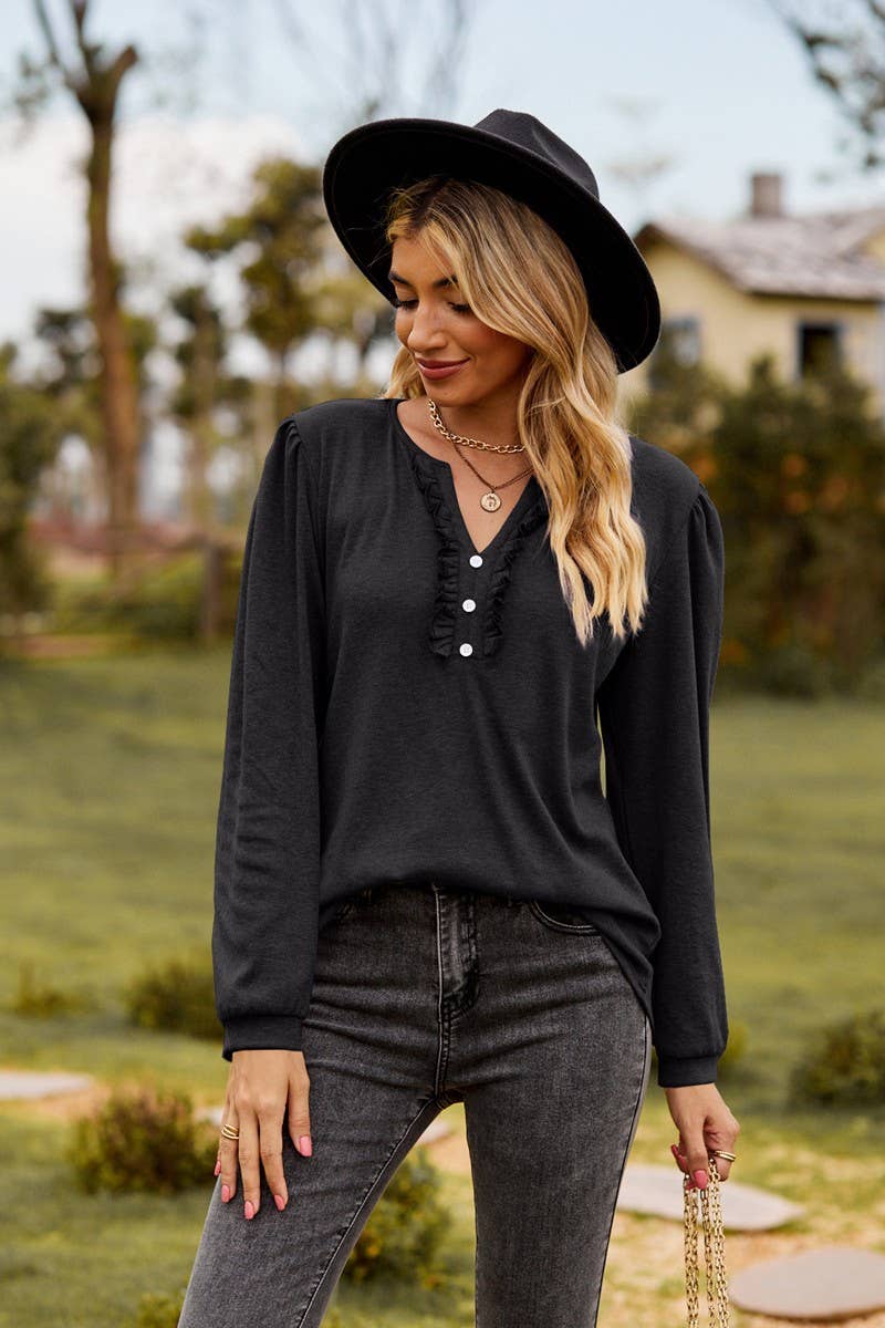 CWTBLL3682_SOLID COLOR V-NECK BUTTON RUFFLED LONG-SLEEVED TO