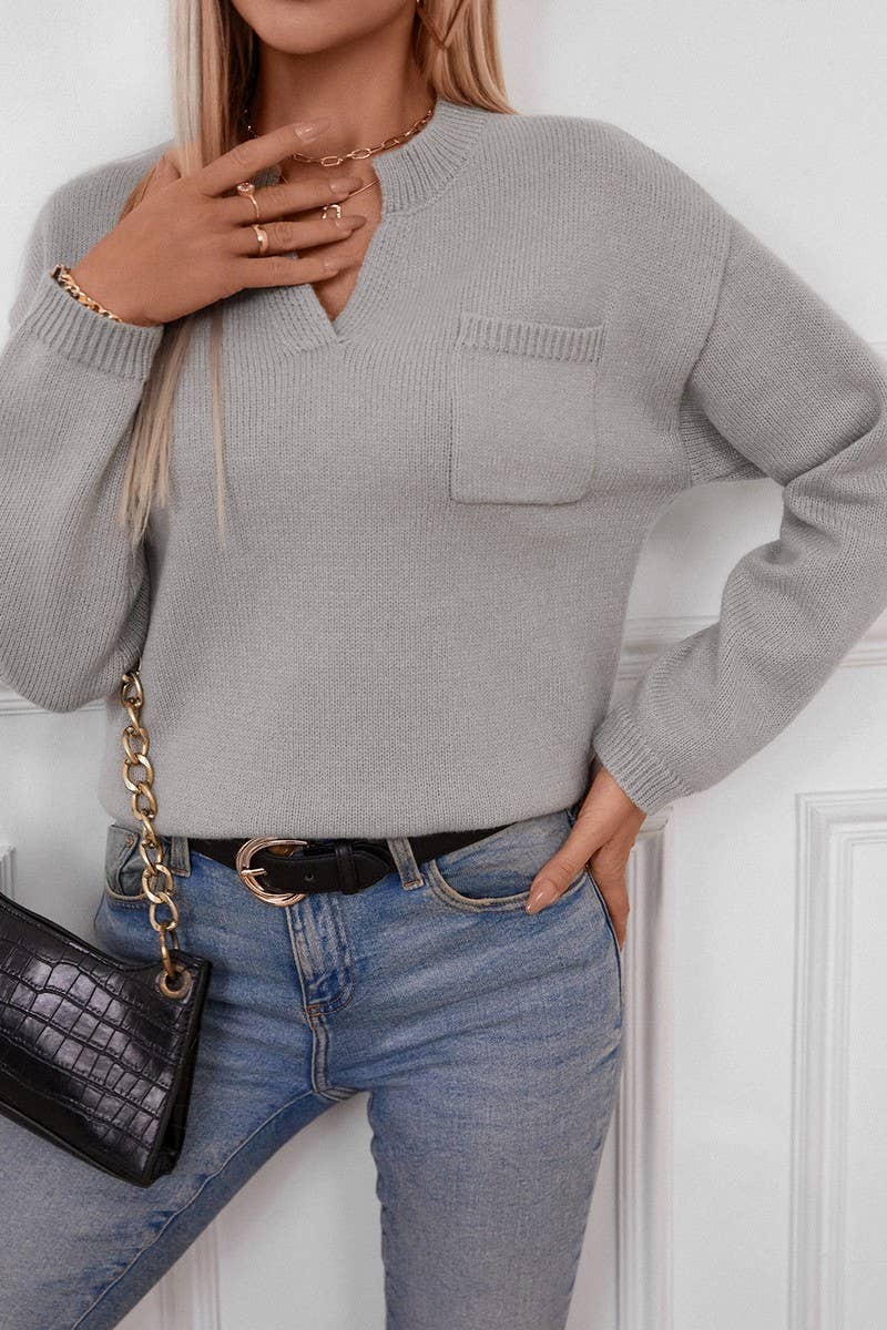 CWOSWL6942_SOLID POCKET LOOSE FIT V-NECK KNIT SWEATER