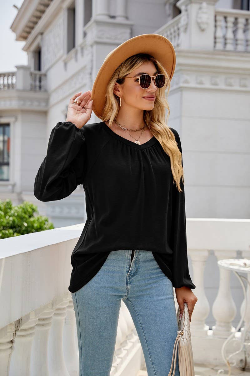 CWTBLL2413_SOLID COLOR LONGSLEEVE V-NECK PLEATED T-SHIRT TOP