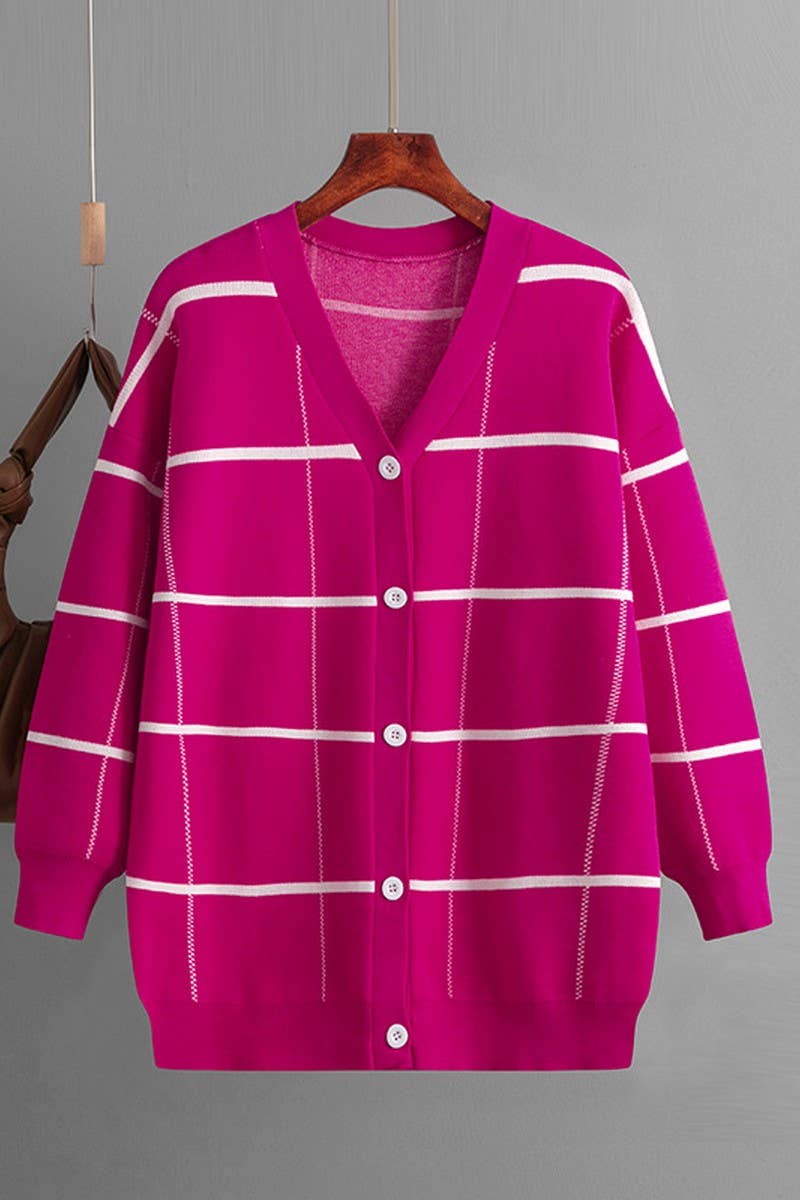 CWOCAL00671_STRIPED PLAID LOOSE KNIT CARDIGAN SWEATER