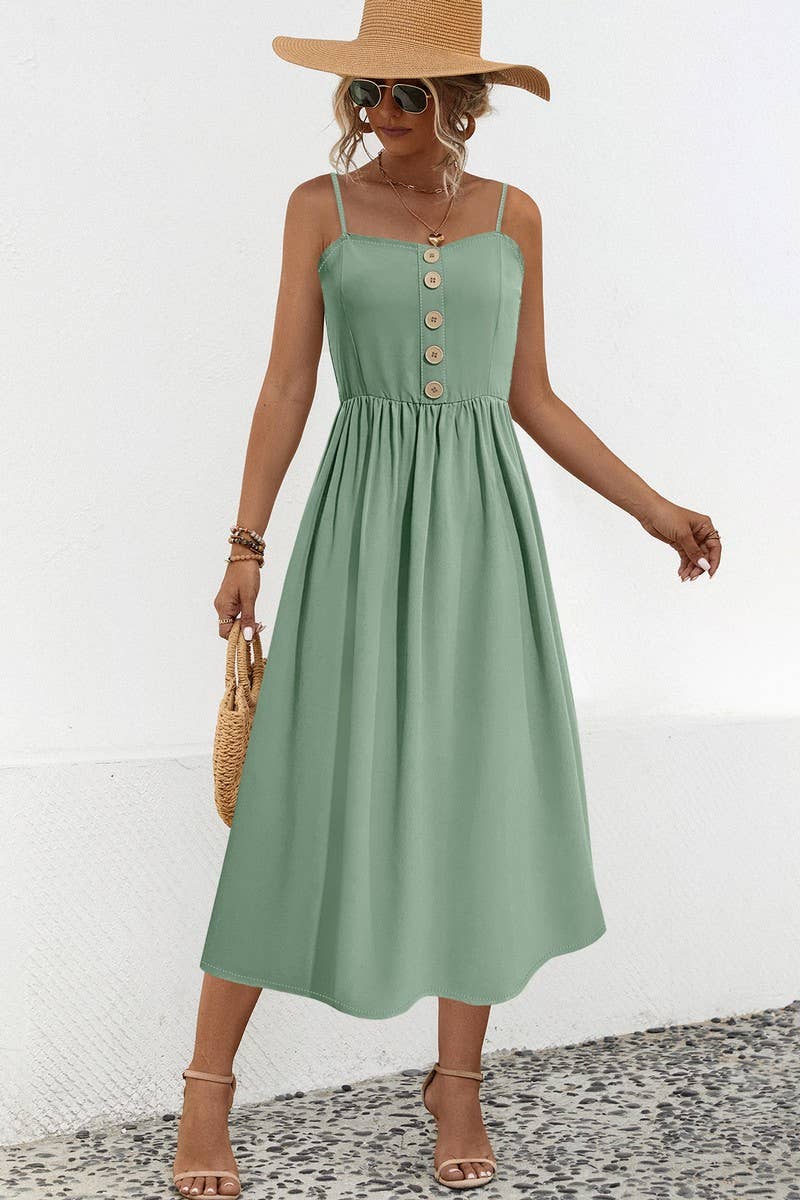 CWDSD4943_SOLID COLOR SUSPENDER BUTTON MIDI DRESS