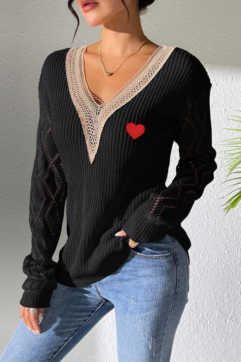 CWTTT00021_WOMEN V-NECK  PATCHWORK HEART KNIT SWEATER
