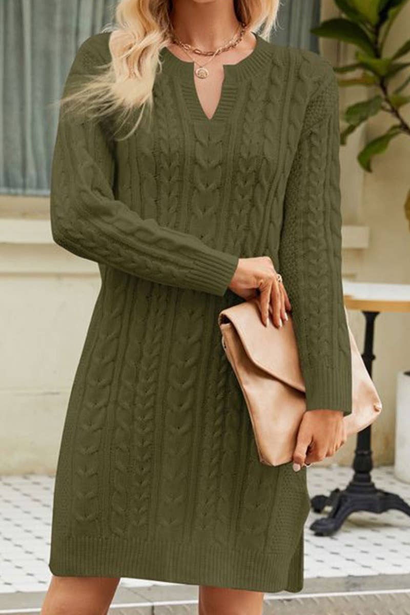 CWDTD0385_SOLID COLOR V-NECK LONG-SLEEVED SWEATER DRESS