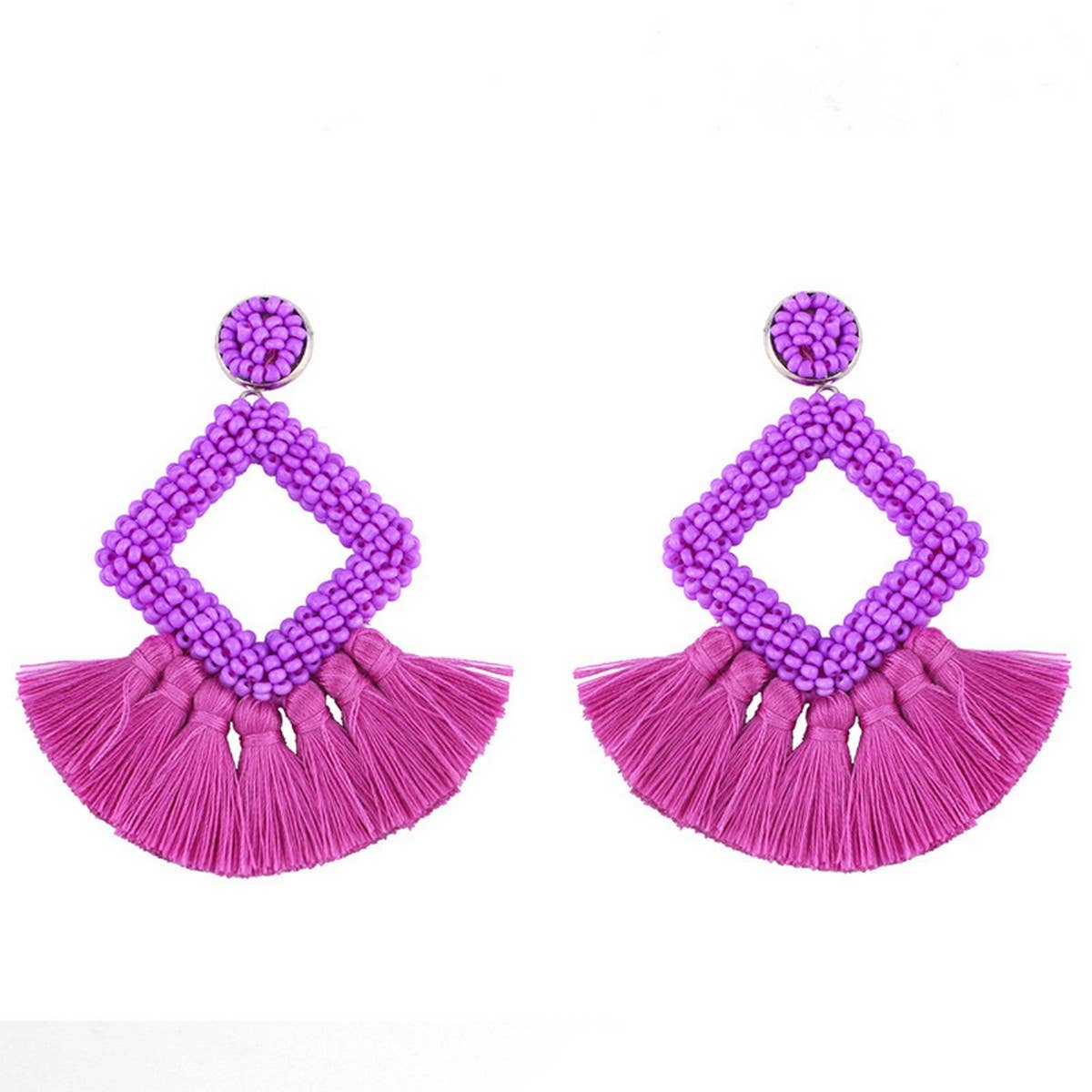GEOMETRIC DIAMOND SHAPED RICE BEAD TASSEL EARRINGS