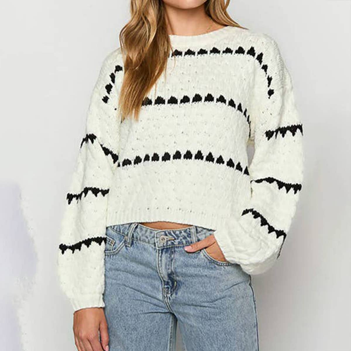 Coarse pin loose twist striped crew neck pullover