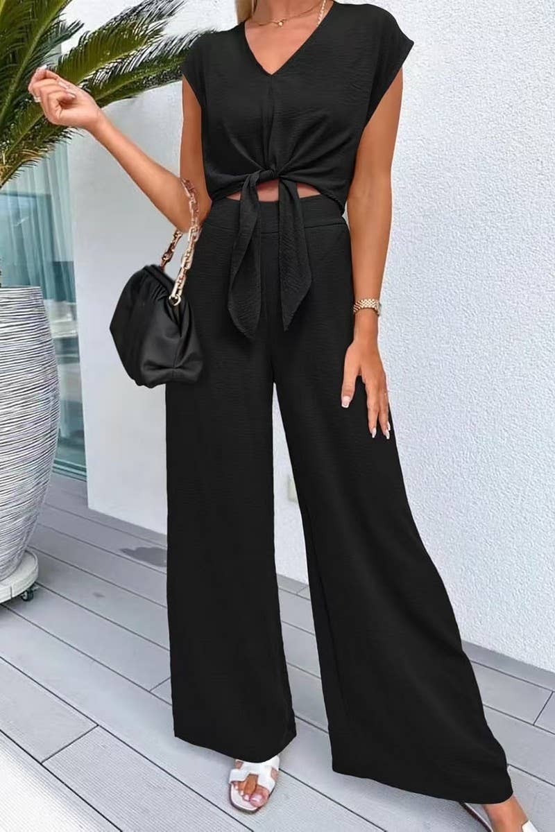 CWSS1217_V-NECK TIE CROP TOP HIGH WAIST SLIM WIDE LEG PANTS