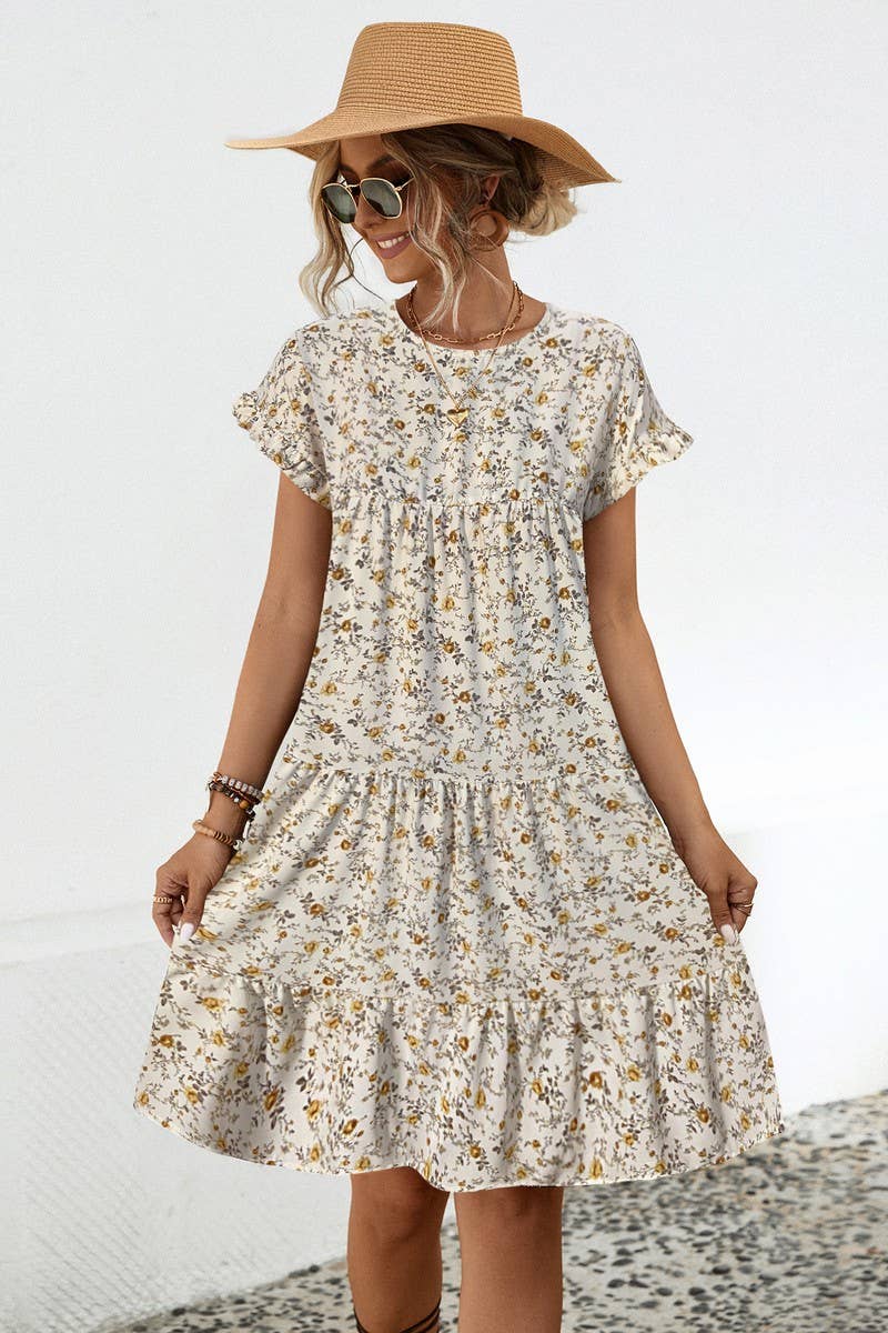 CWDSD4946_ROUND NECK FLORAL RUFFLE SLEEVE DRESS
