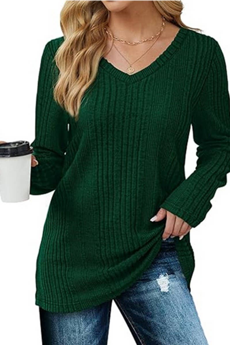 CWOSWL6559_V-NECK SOLID COLOR LONG-SLEEVED KNITTED SWEATER