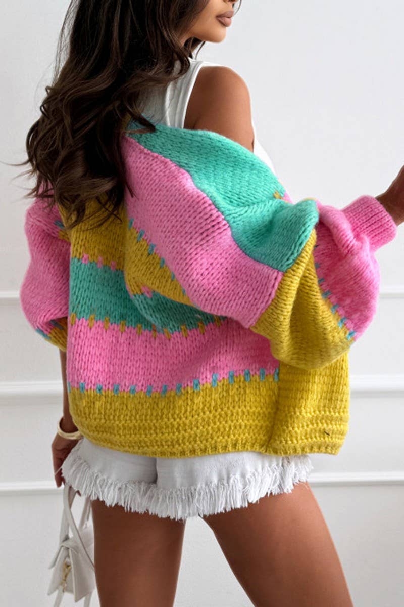 CWOCAL00726_COLORBLOCK LOOSE KNIT CARDIGAN SWEATER