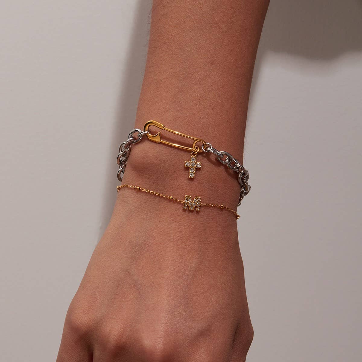 18K Gold Steel Bracelet with Zircon Letter M_CWAJE4783