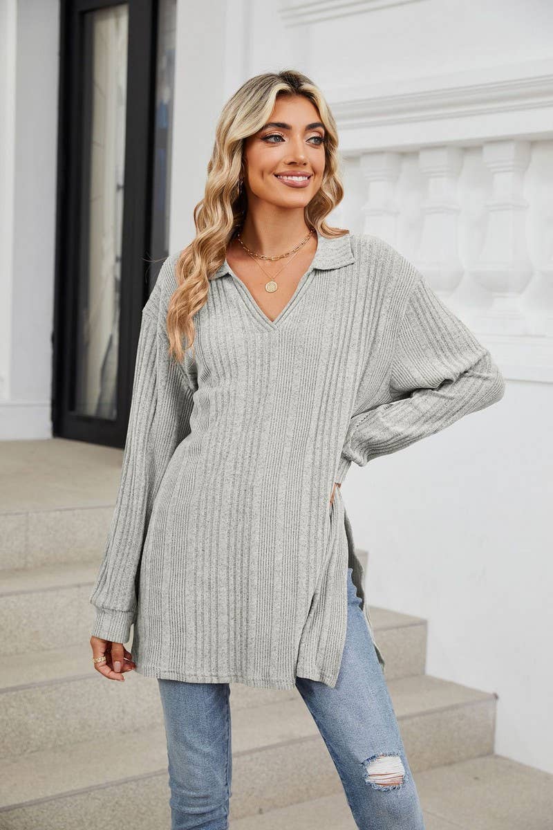 CWTBLL3668_FLIP COLLAR SLIT LONG SLEEVED LOOSE T-SHIRT TOP