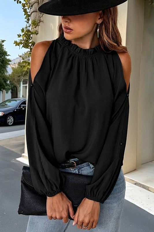 CWTBLL01082_RUFFLED STAND-UP COLLAR OFF-THE-SHOULDER TOP