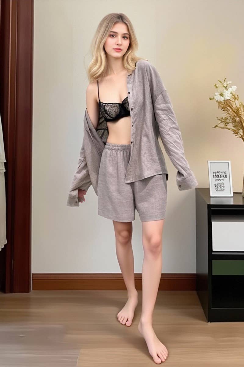 CWSTB00383_COTTON CARDIGAN LONG SLEEVE SHORTS SET