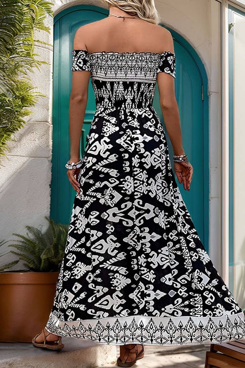 CWDMD2357_STRIPED OFF-SHOULDER SLIT DRESS