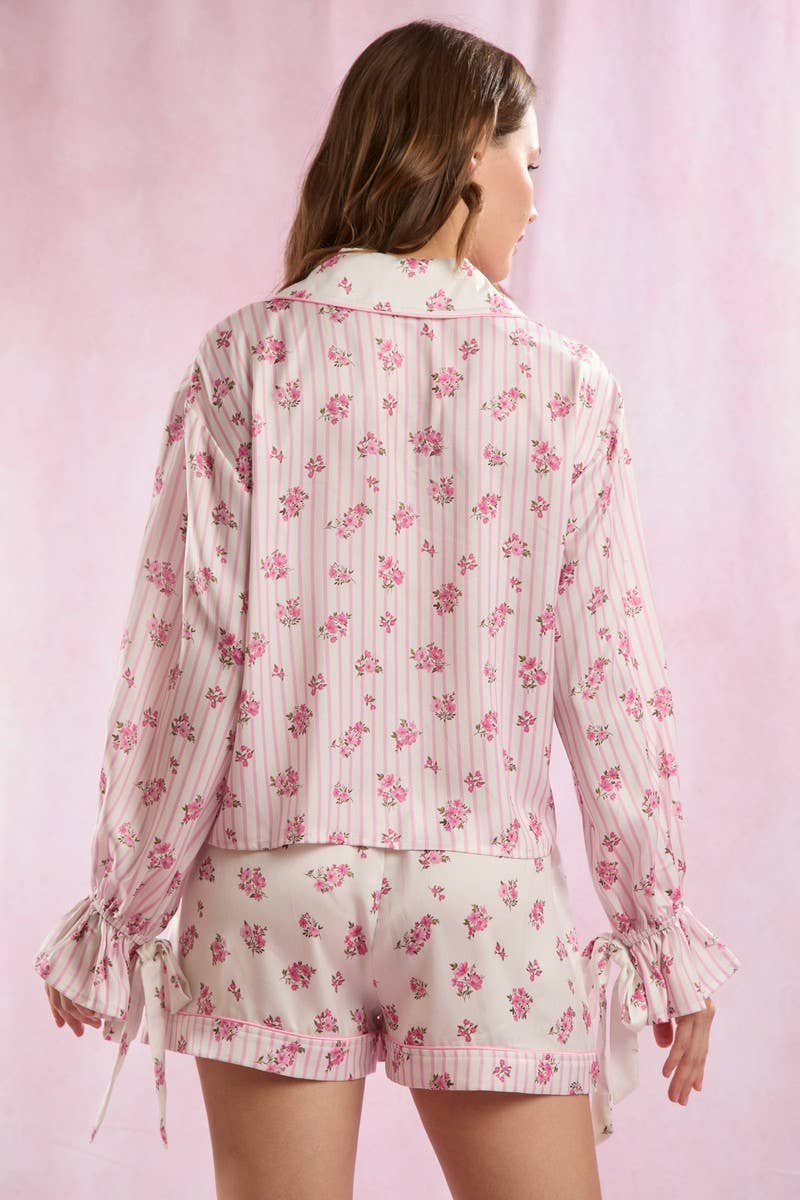 CWSS1246_BELL SLEEVE LACE-UP COMFORTABLE HOMEWEAR SET
