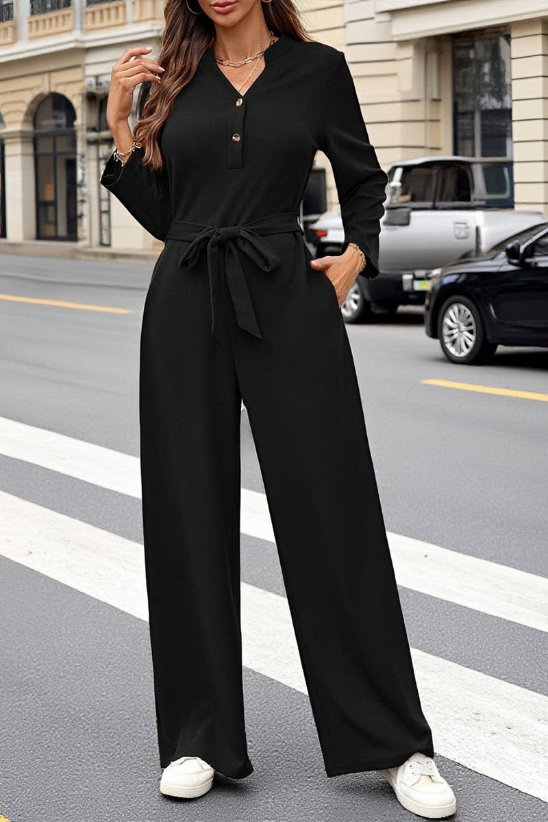 CWSJS00303_SOLID HIGH WAIST TIE BUTTON LONG SLEEVE JUMPSUIT