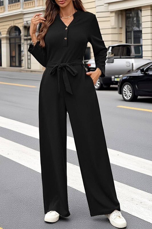 CWSJS00303_SOLID HIGH WAIST TIE BUTTON LONG SLEEVE JUMPSUIT