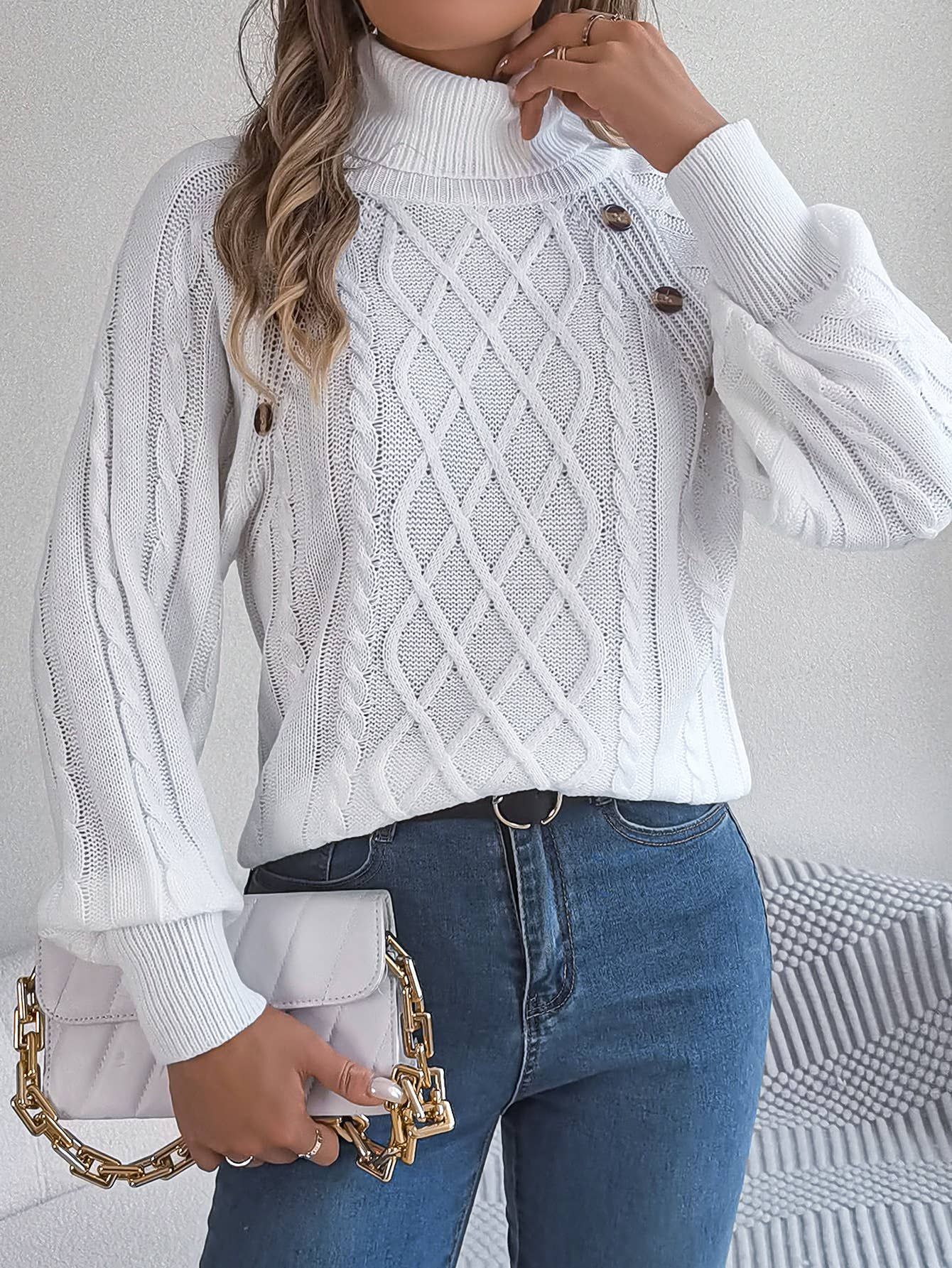 CASUAL TWIST TURTLENECK LANTERN SLEEVE SWEATER
