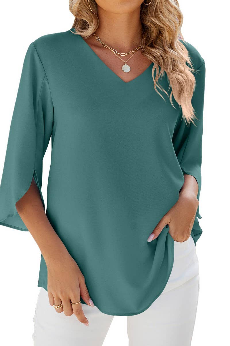CWTBLS0871_SOLID COLOR V-NECK MID-SLEEVE LOOSE TOP