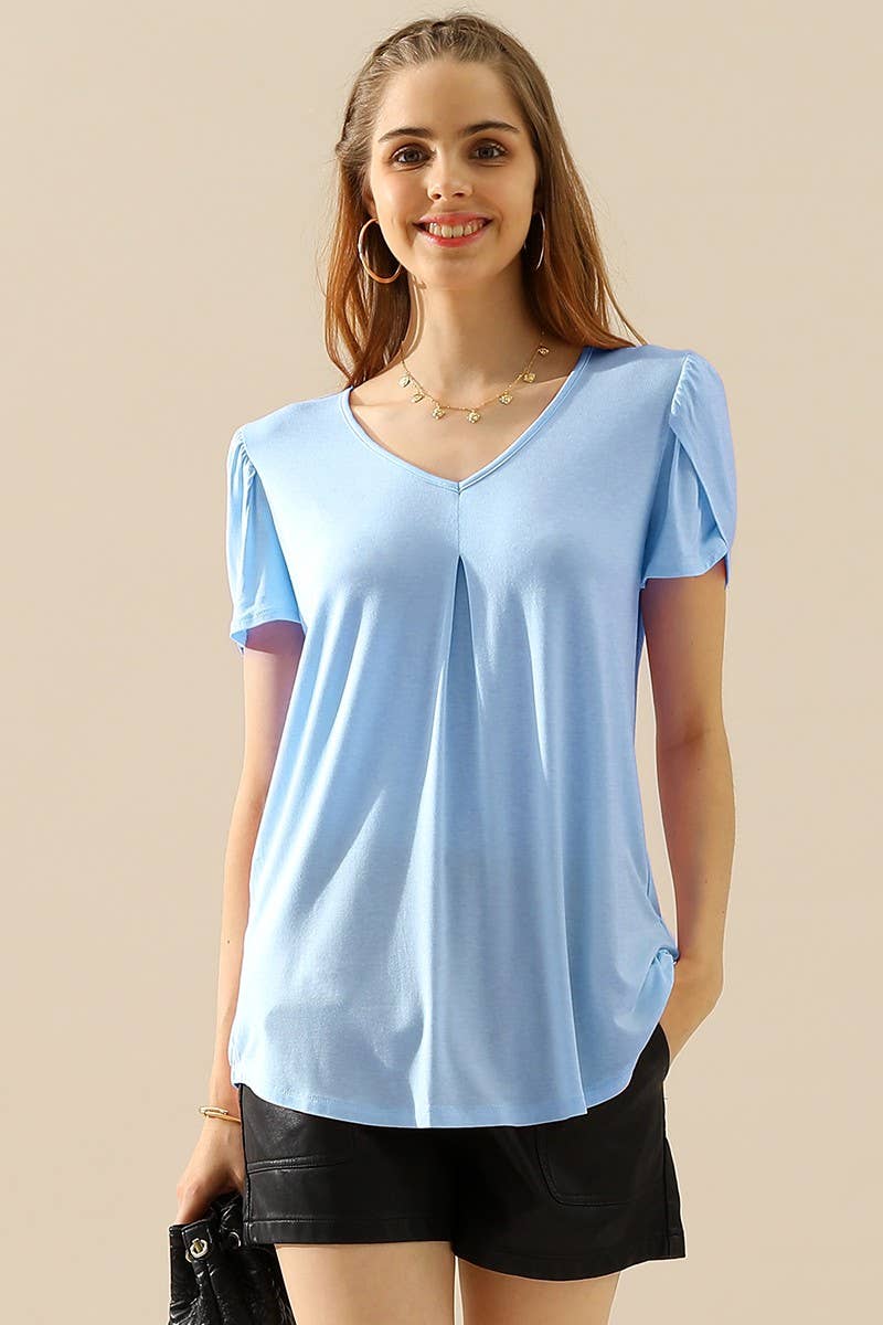 CWTTS561_SOLID V NECK SHORT TULIP SLEEVE TUNIC TOPS