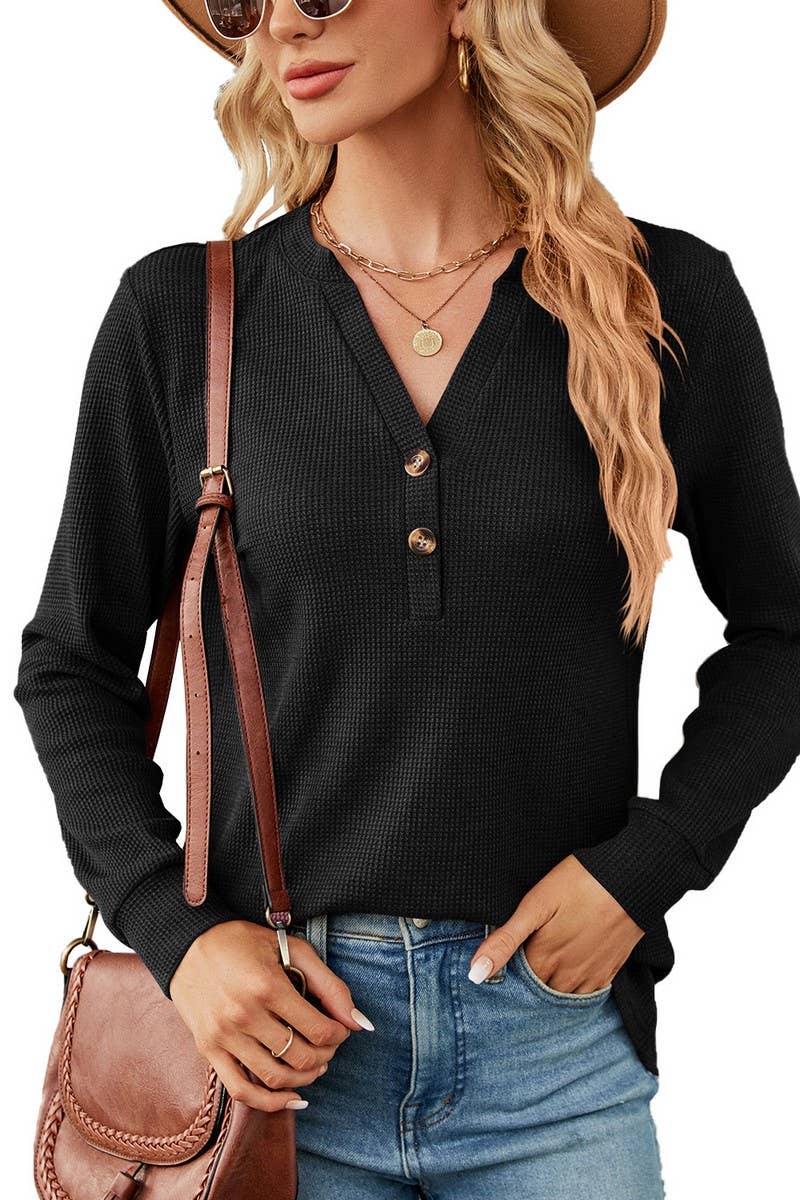 CWTBLL2416_SOLID COLOR V-NECK BUTTON LOOSE T-SHIRT TOP