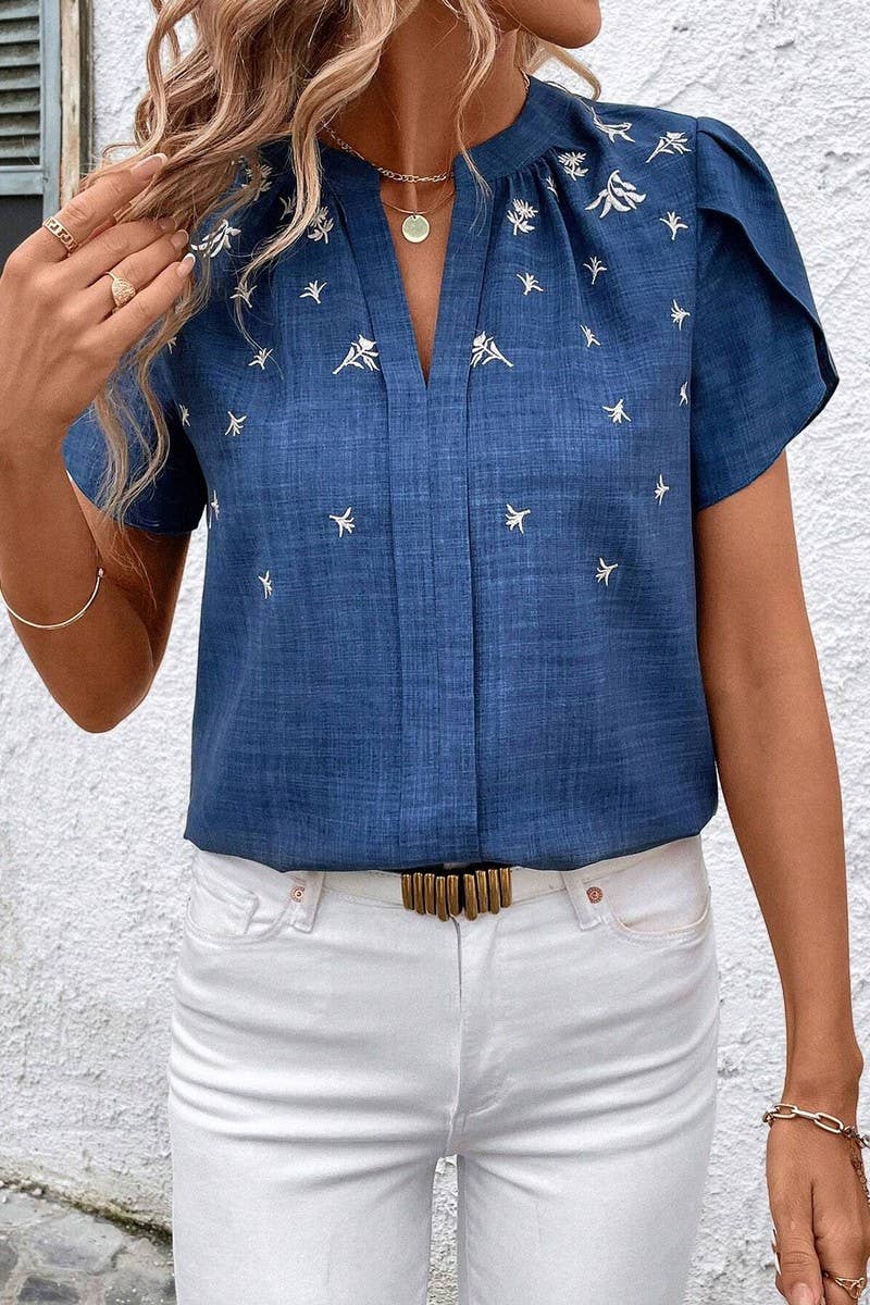 CWTTS1389_SUMMER SOLID COLOR HALF OPEN COLLAR PRINTED TOP