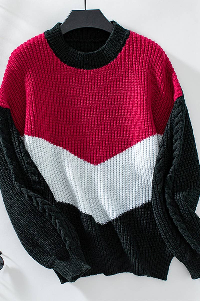 CWOSWL2877_CONTRAST CREW NECK LOOSE CABLE KNIT SWEATER