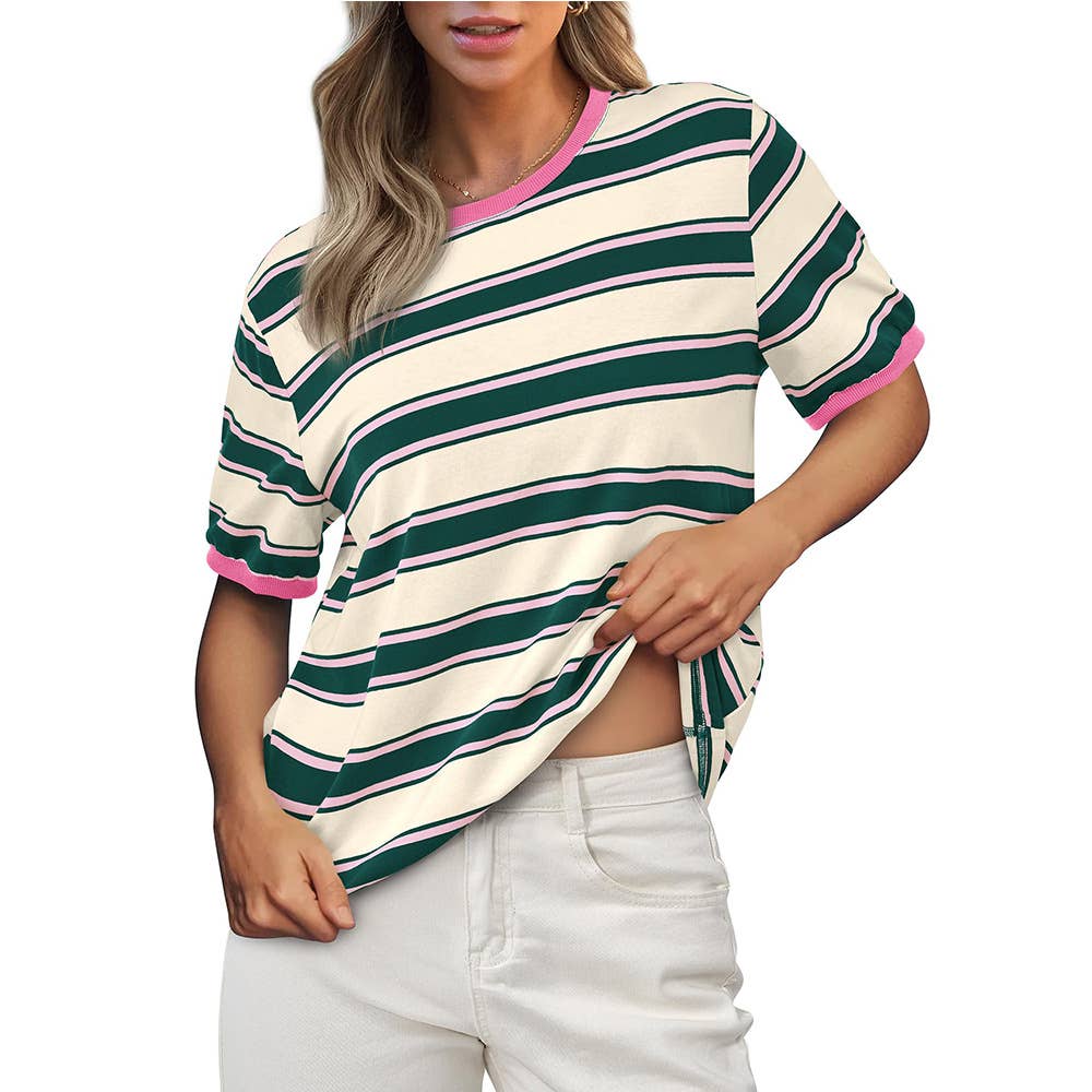 Crew-neck baggy top striped short-sleeved Top
