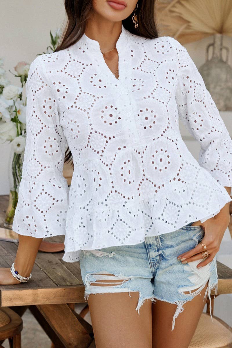 CWTBLL3593_CASUAL HOLLOW V-NECK THREE-QUARTER SLEEVE SHIRT