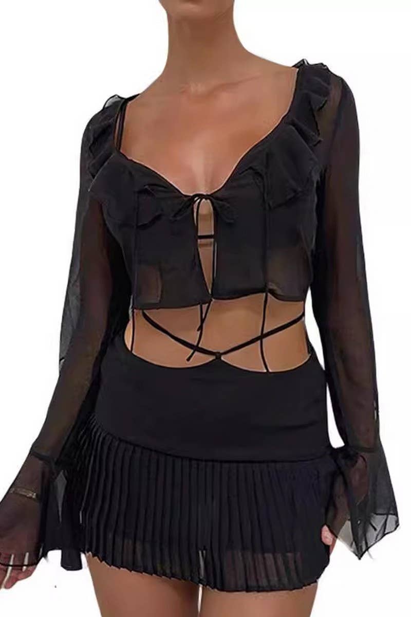 CWSTB2043_CHIFFON LONG SLEEVE TOP & PLEATED SKIRT SET