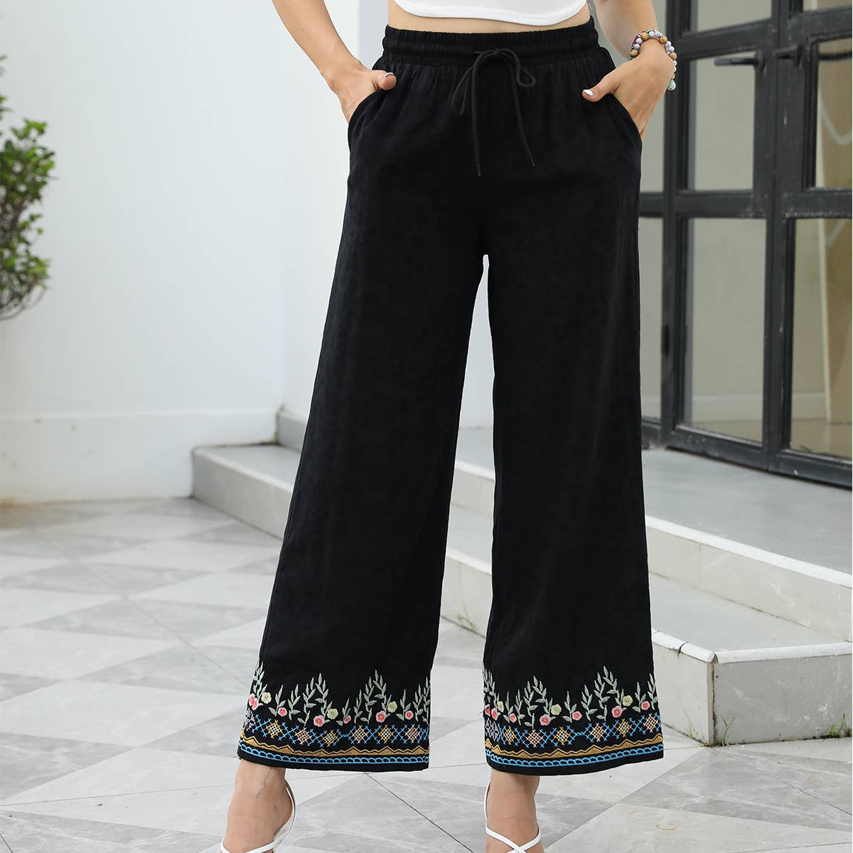 Folk embroidery pass-through wide-legged pants