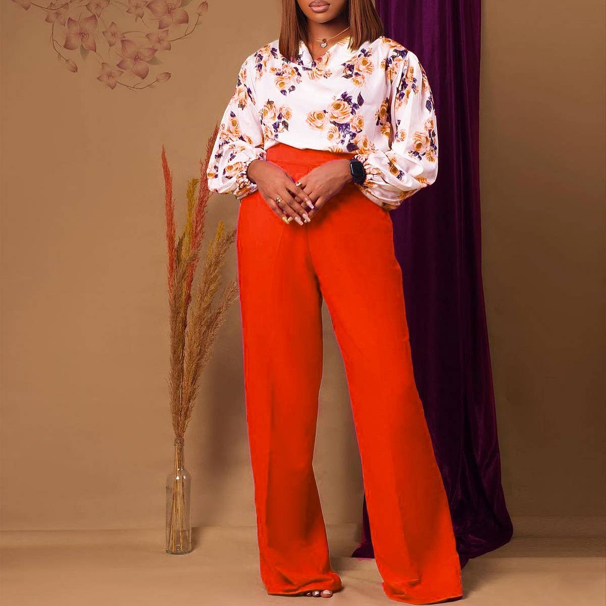 PRINTED TIE TOP AND WIDE-LEG PANTS TWO-PIECE SET_CWSTB1140