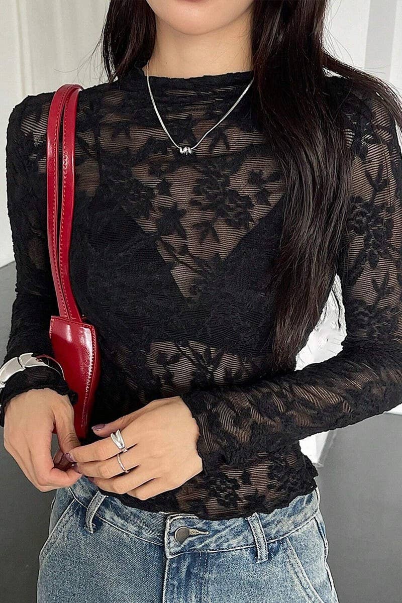CWTBLS1536_STAND COLLAR SHEER LACE BODYCON LONG SLEEVE TOP