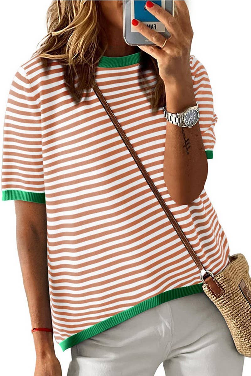 CWTTS1363_SUMMER STRIPED SHORT-SLEEVED CASUAL SWEATER