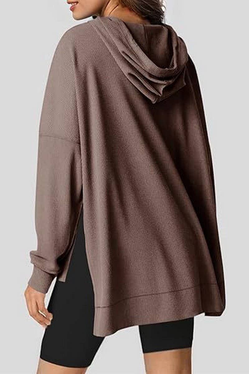 CWOHOL00633_RELAXED WAFFLE KNIT SIDE SLIT HOODED PULLOVER