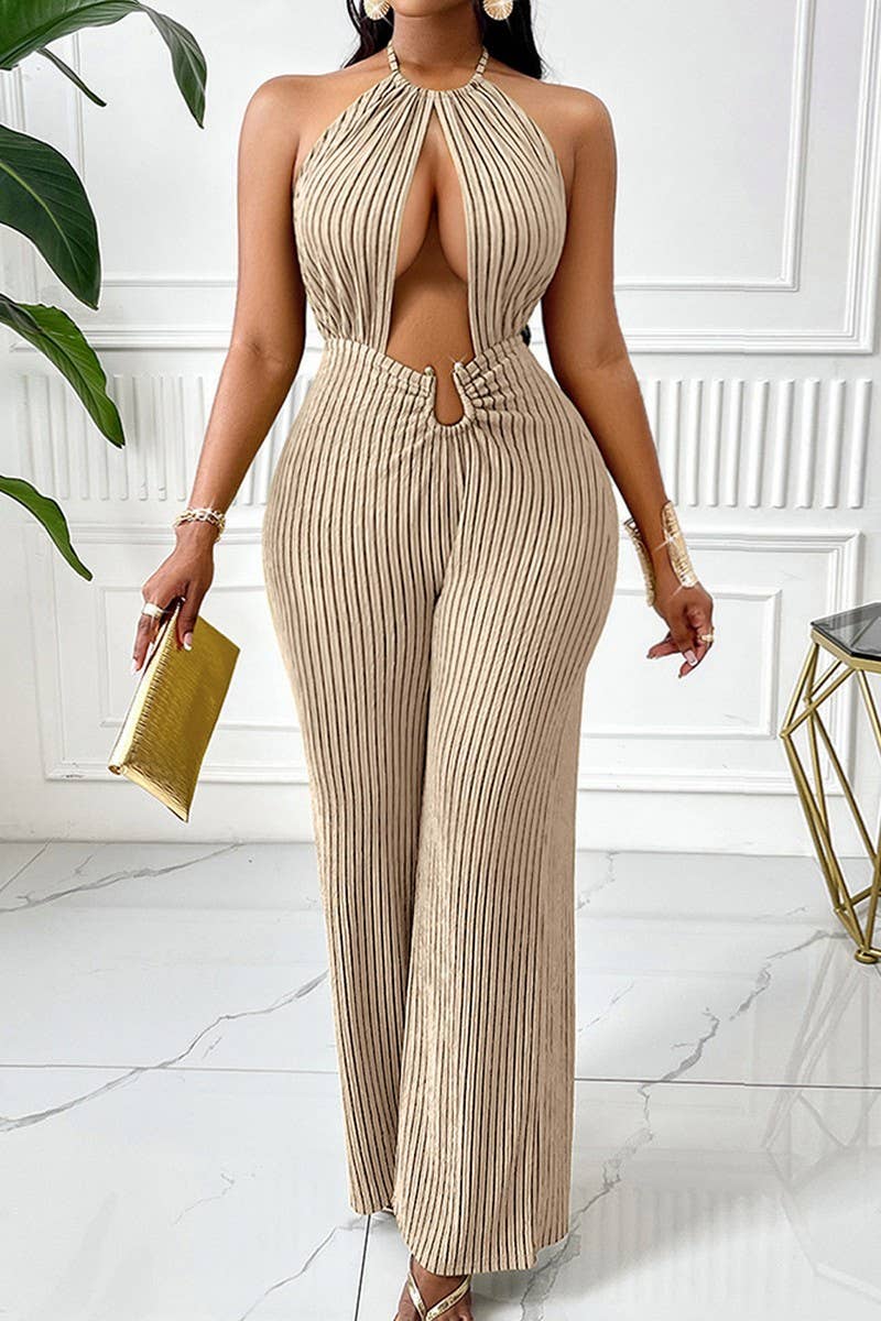 CWSJS1341_SEXY STRIPED HALTERNECK HOLLOW WAIST JUMPSUIT