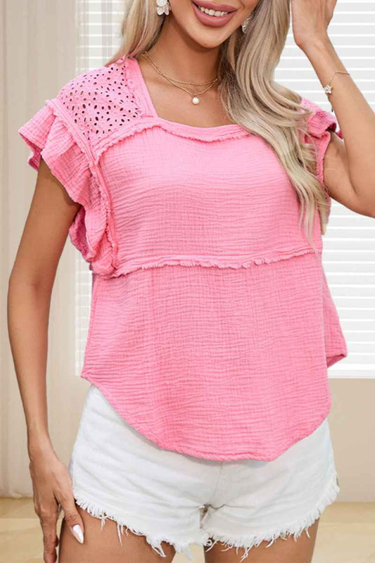 CWTBLSL0517_U-NECK RUFFLED SLEEVELESS PATCHWORK TANK TOP