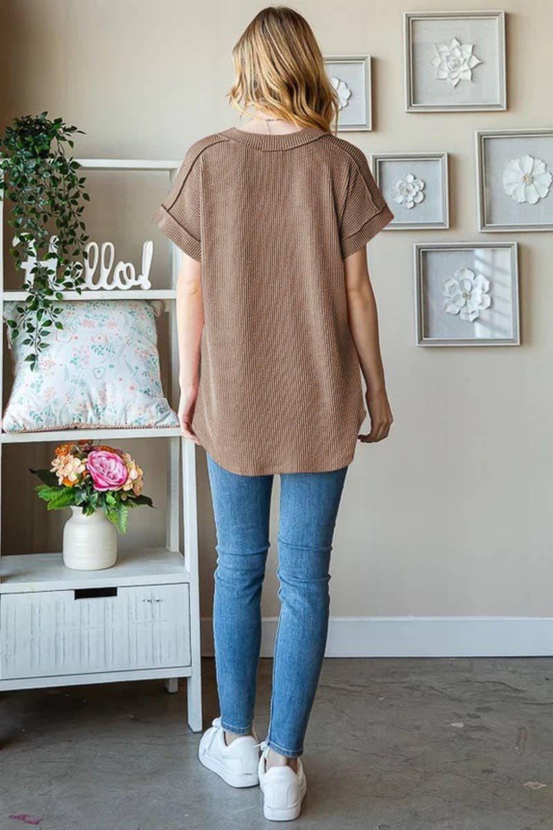 CWTBLS1500_V-NECK RIBBED JACQUARD KNIT SHORT-SLEEVED T-SHIRT