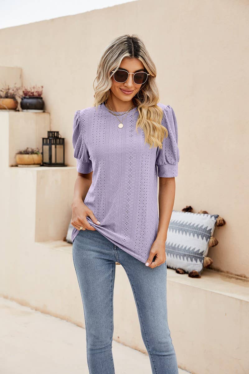 CWTBLS0615_ HOLLOW PUFF SLEEVES SHORT SLEEVED BLOUSE TOP