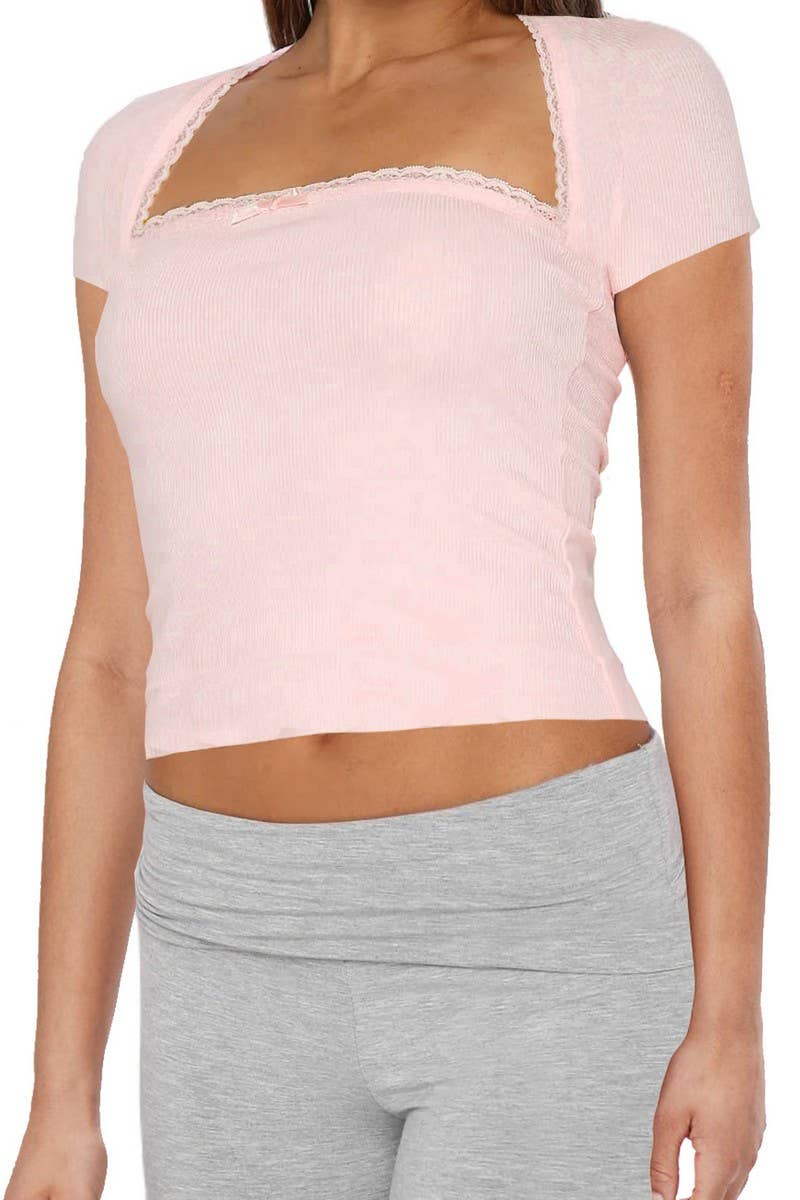 CWTBLS2213_SOLID SHORT SLEEVE BOW TRIM FITTED TOP